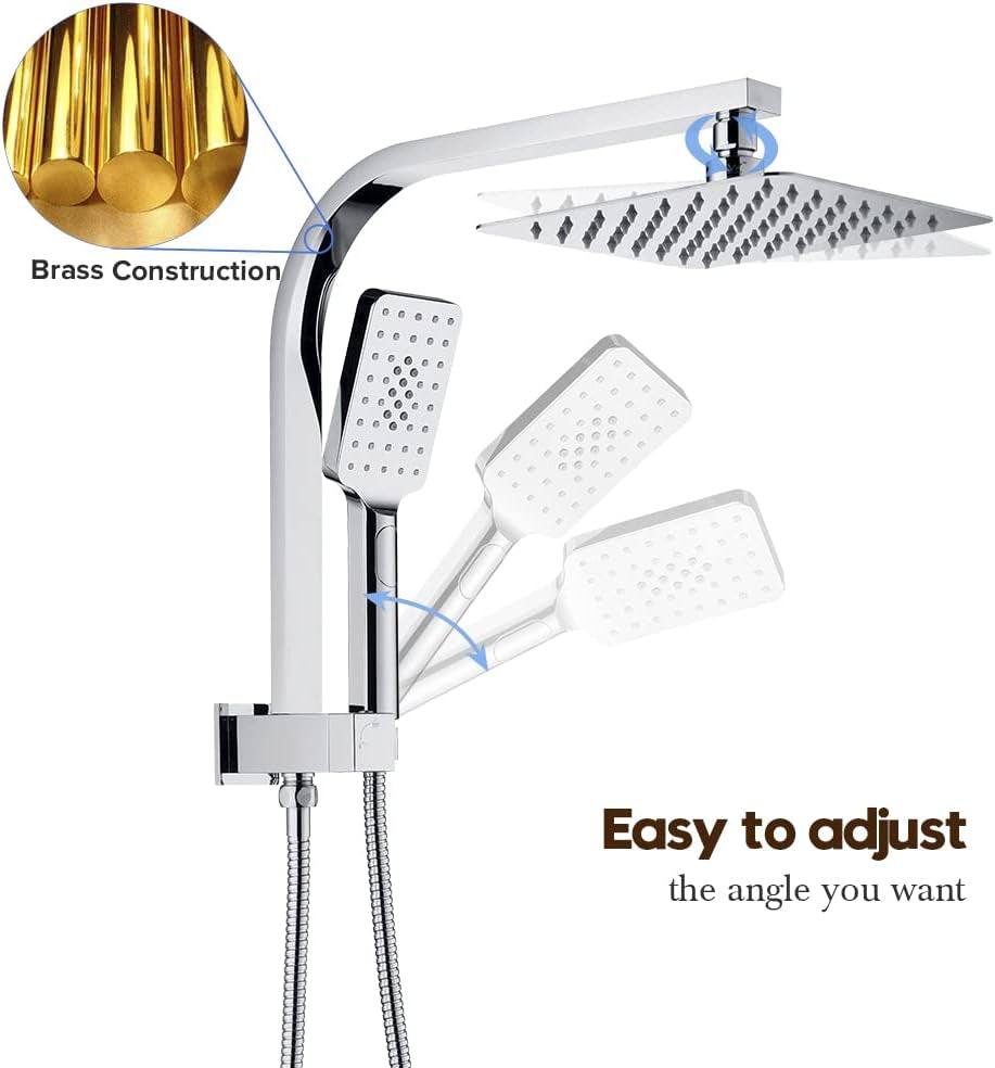 Twin Shower Head Rail Set Square Gooseneck Shower Arm 8" Rain Shower Head 3-Mode