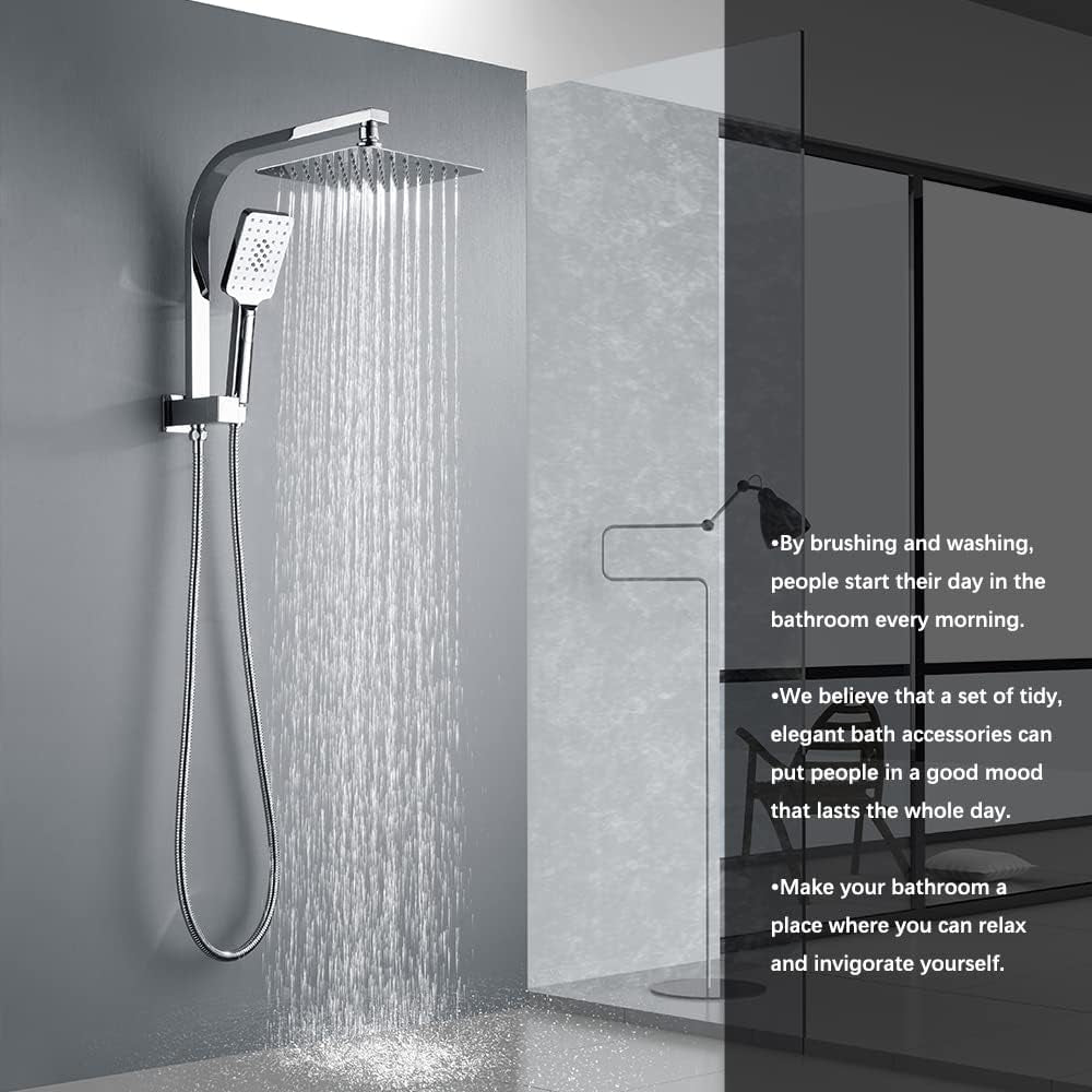 Twin Shower Head Rail Set Square Gooseneck Shower Arm 8" Rain Shower Head 3-Mode