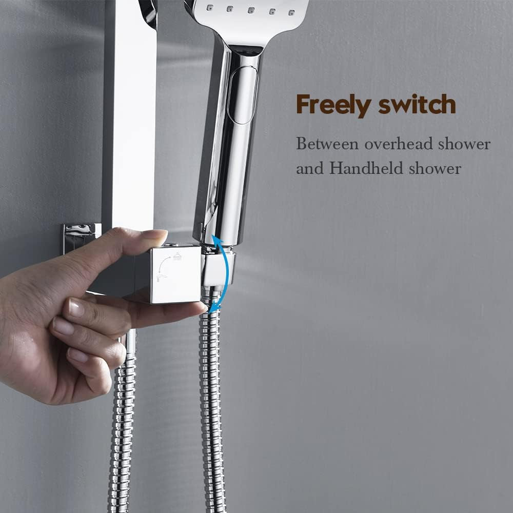 Twin Shower Head Rail Set Square Gooseneck Shower Arm 8" Rain Shower Head 3-Mode