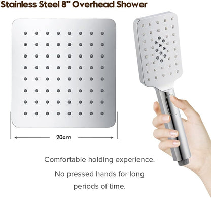 Twin Shower Head Rail Set Square Gooseneck Shower Arm 8" Rain Shower Head 3-Mode