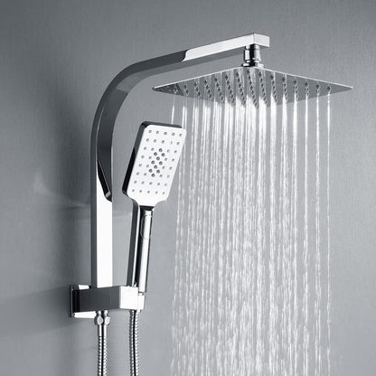 Twin Shower Head Rail Set Square Gooseneck Shower Arm 8" Rain Shower Head 3-Mode