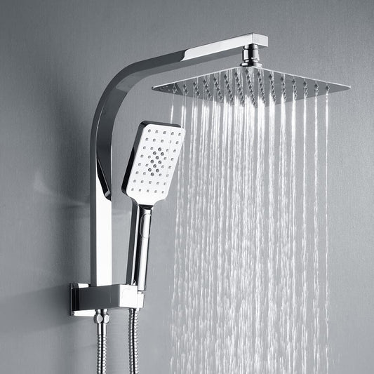 Twin Shower Head Rail Set Square Gooseneck Shower Arm 8" Rain Shower Head 3-Mode